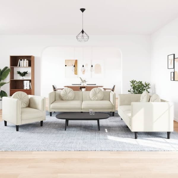 vidaXL sofasæt 3 dele med puder velour cremefarvet