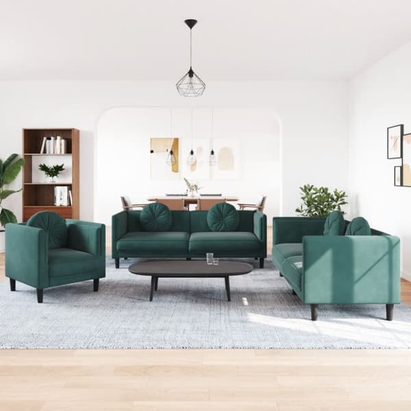 vidaXL sofasæt 3 dele med puder velour mørkegrøn