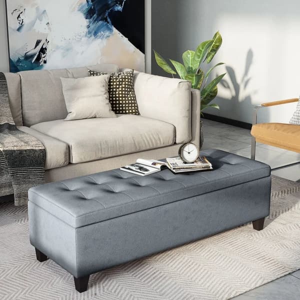 Rootz bænk med opbevaring - osmannisk - gangbænk - knapsyning - imiteret linned - eukalyptustræ - grå - 125,1 cm x 48,9 cm x 41,3 cm