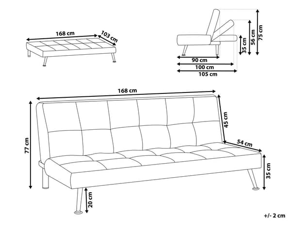 Sovesofa Lysegrå Polyester 3-seter Polstret Metallben Justerbar ryggstøtte Moderne design Sofa