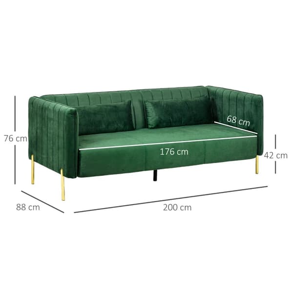 Rootz Soffa - 3-sits soffa - Soffa med 2 kuddar - Sammetslook - Retrodesign - Avtagbart överdrag - Sammetsimitation - Grön - 195cm x 88cm x 76cm