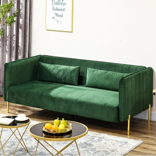 Rootz Soffa - 3-sits soffa - Soffa med 2 kuddar - Sammetslook - Retrodesign - Avtagbart överdrag - Sammetsimitation - Grön - 195cm x 88cm x 76cm