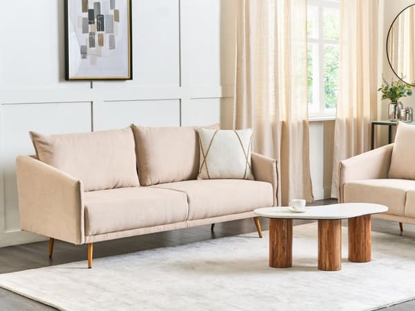 Soffa Beige Sammet 3-sits Rygg Kuddsits Metall Gyllene Ben Retro Glam