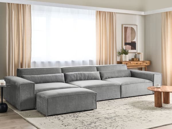 Modulsofa Grå Polyester 3 Personers Designer Blød Moderne Flyder Sofa med Fodskammel Lav Ryg Stue Indretning Høj Kvalitet Stofsofa