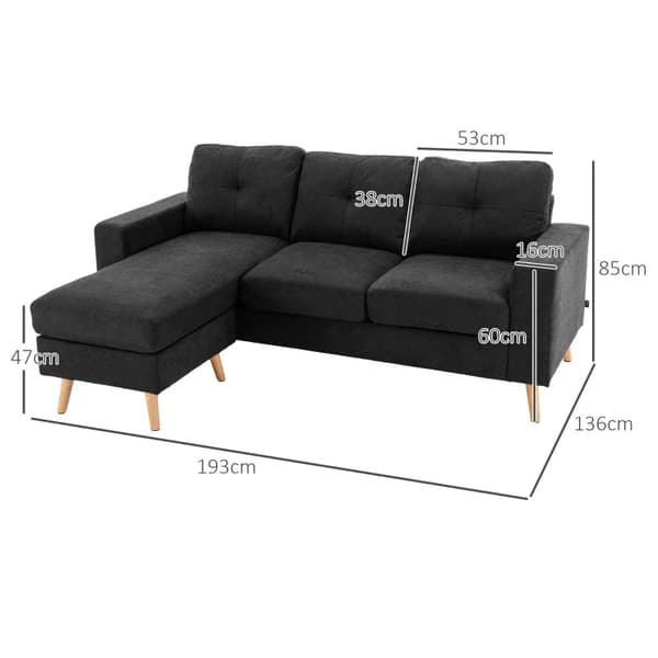 Rootz 3-sits hörnsoffa - Linnelook - Vändbar schäslong - Gummiträ - Svart - 193x136x85 cm
