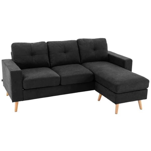 Rootz 3-sits hörnsoffa - Linnelook - Vändbar schäslong - Gummiträ - Svart - 193x136x85 cm