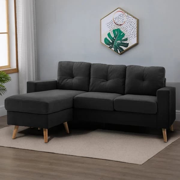 Rootz 3-sits hörnsoffa - Linnelook - Vändbar schäslong - Gummiträ - Svart - 193x136x85 cm