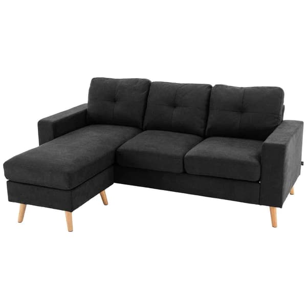 Rootz 3-sits hörnsoffa - Linnelook - Vändbar schäslong - Gummiträ - Svart - 193x136x85 cm