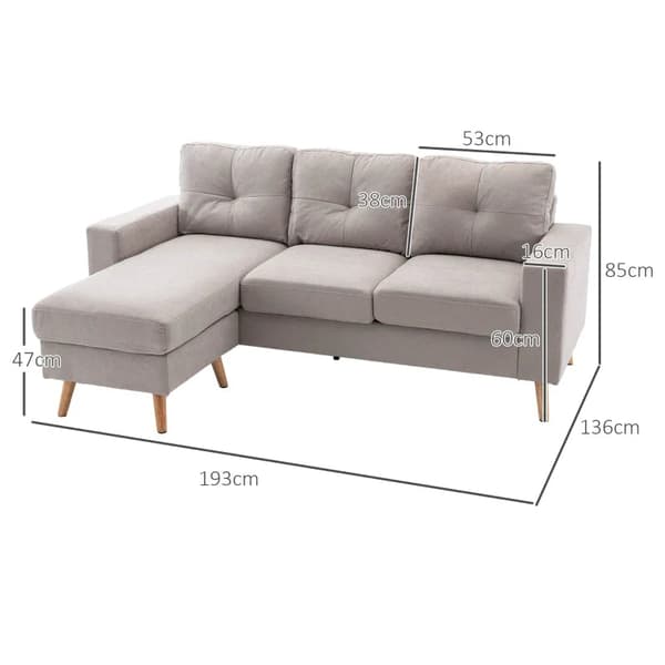 Rootz 3-sits hörnsoffa - Linnelook - Vändbar schäslong - Gummiträ - Ljusgrå - 193x136x85 cm