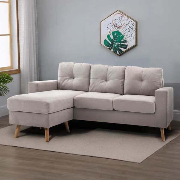 Rootz 3-sits hörnsoffa - Linnelook - Vändbar schäslong - Gummiträ - Ljusgrå - 193x136x85 cm