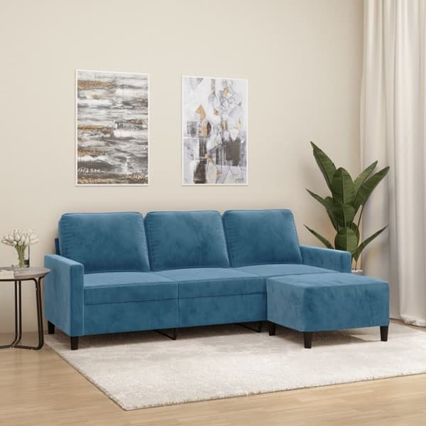 vidaXL 3-sitssoffa med fotpall blå 180 cm sammet