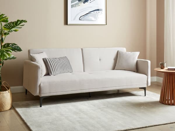 Sovesofa Lys beige Stoff 3-seter Metallben Dekorative knapper Avtakbare putetrekk Justerbar ryggstøtte Sofa med sovefunksjon Moderne design Stue