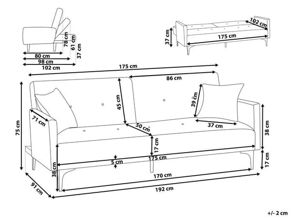 Sovesofa Blå Stoff 3-seter Metallben Dekorative knapper Avtakbare putetrekk Justerbar ryggstøtte Sofa med sovefunksjon Moderne design Stue