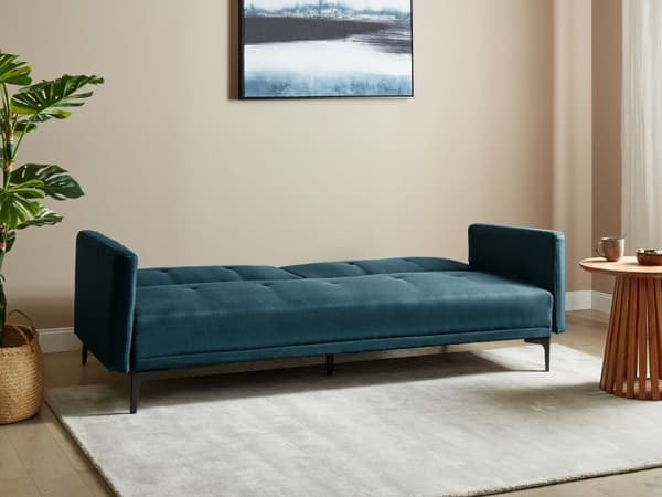 Sovesofa Blå Stoff 3-seter Metallben Dekorative knapper Avtakbare putetrekk Justerbar ryggstøtte Sofa med sovefunksjon Moderne design Stue