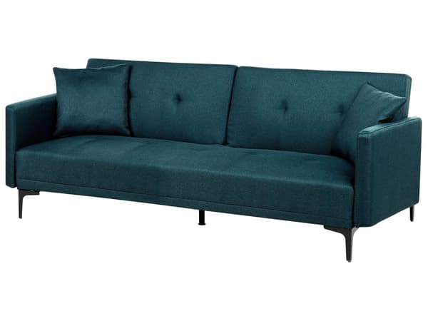 Sovesofa Blå Stoff 3-seter Metallben Dekorative knapper Avtakbare putetrekk Justerbar ryggstøtte Sofa med sovefunksjon Moderne design Stue