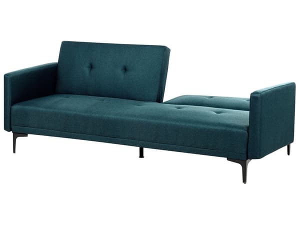 Sovesofa Blå Stoff 3-seter Metallben Dekorative knapper Avtakbare putetrekk Justerbar ryggstøtte Sofa med sovefunksjon Moderne design Stue