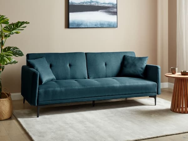 Sovesofa Blå Stoff 3-seter Metallben Dekorative knapper Avtakbare putetrekk Justerbar ryggstøtte Sofa med sovefunksjon Moderne design Stue