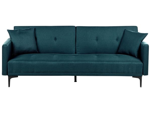 Sovesofa Blå Stoff 3-seter Metallben Dekorative knapper Avtakbare putetrekk Justerbar ryggstøtte Sofa med sovefunksjon Moderne design Stue
