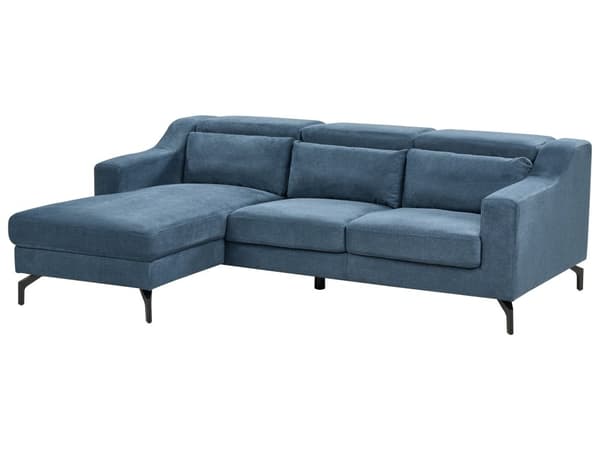 Hjørnesofa Blå Stof Chenille Polyester med Sølv Krom Metalben 4 Personers Sofa med Chaiselong Open End Justerbare Nakkestøtter Stue Inspiration