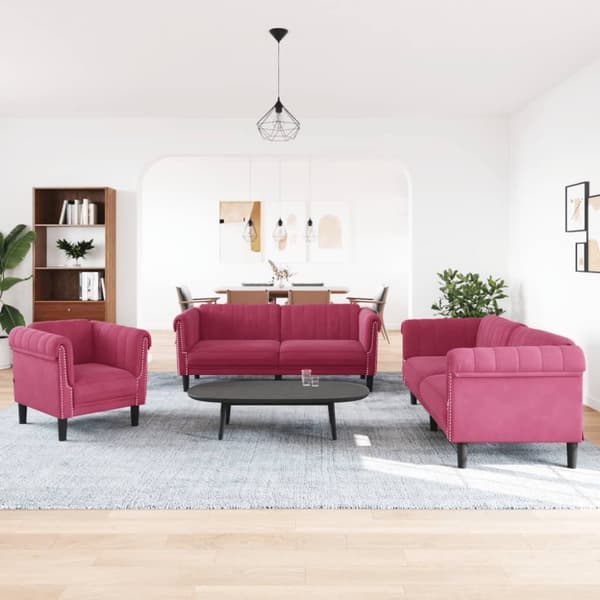 vidaXL sofasæt 3 dele velour vinrød