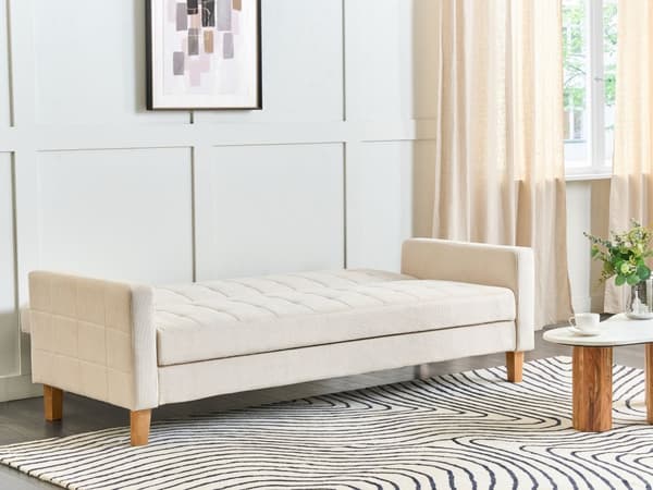 Bäddsoffa Off-White Tygklädsel Chenilletextur 3-sits Klick Klick Stickad