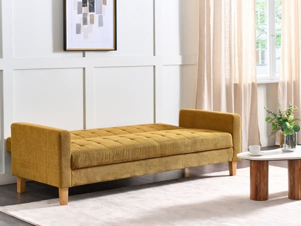 Bäddsoffa Senapsgul Tygklädsel Chenilletextur 3-sits Klick Klick Stickad