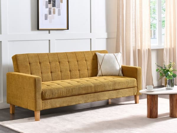 Bäddsoffa Senapsgul Tygklädsel Chenilletextur 3-sits Klick Klick Stickad
