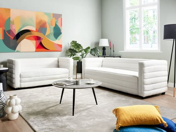 3-seters Sofa Off-White Boucle Stoff Polstring Svarte Ben Loveseat Tykt Polstret Moderne Stil Stue Møbler