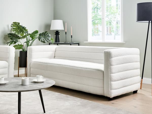 3-seters Sofa Off-White Boucle Stoff Polstring Svarte Ben Loveseat Tykt Polstret Moderne Stil Stue Møbler