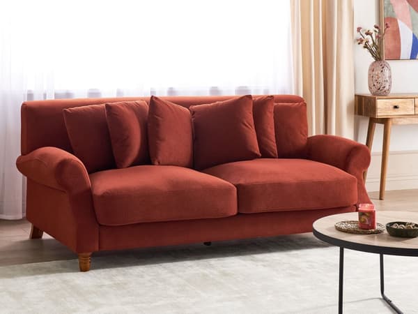 3 Personers Rød Stof Sofa med Træben Solide Sæder Ekstra Hynder Retro Stil