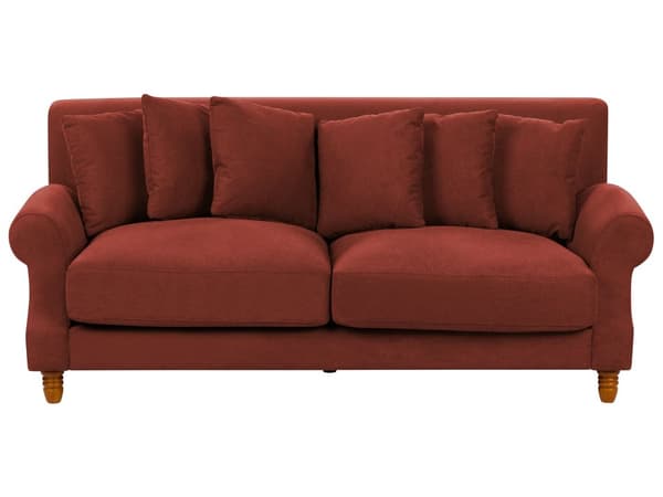 3 Personers Rød Stof Sofa med Træben Solide Sæder Ekstra Hynder Retro Stil