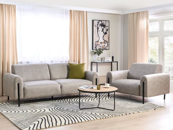 Stue Sett Grått stoff Metallben 3-seters sofa Lær Look Klassisk Sofa Lenestol Settee Justerbar ryggstøtte Stue Moderne