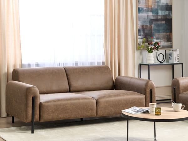 Soffa Brun Tyg Metallben 3-sits Läderlook Klassisk Soffa Justerbart Ryggstöd Vardagsrum Modernt