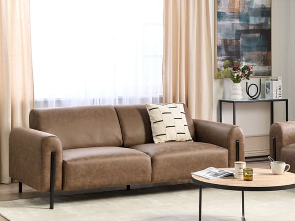 Soffa Brun Tyg Metallben 3-sits Läderlook Klassisk Soffa Justerbart Ryggstöd Vardagsrum Modernt