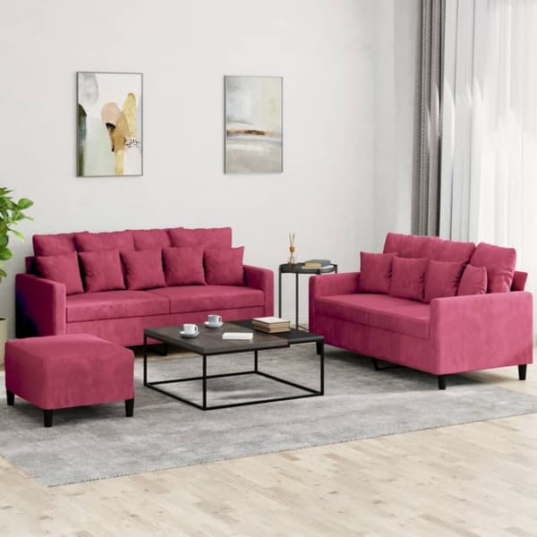 sofasæt 2 dele med hynder velour vinrød