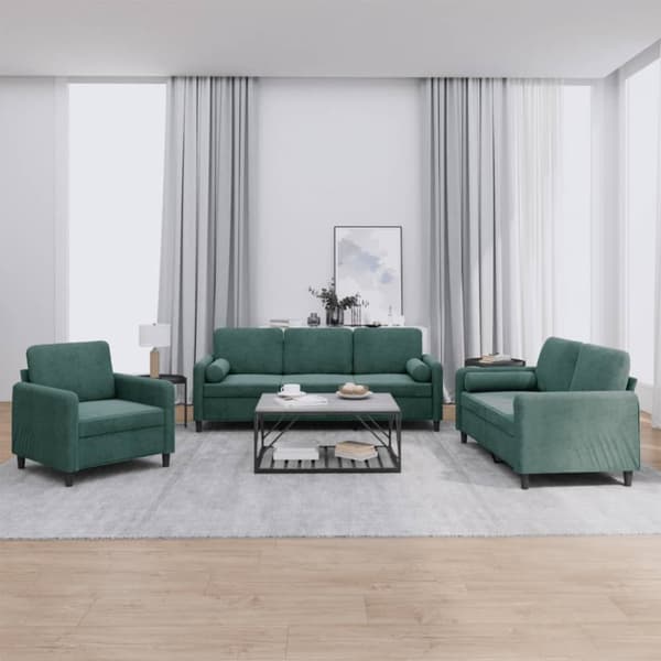 sofasæt 3 dele med puder velour mørkegrøn