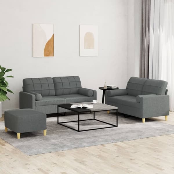 sofasæt 3 dele med puder stof mørkegrå