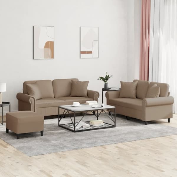 sofasæt 3 dele med puder kunstlæder cappuccinofarvet