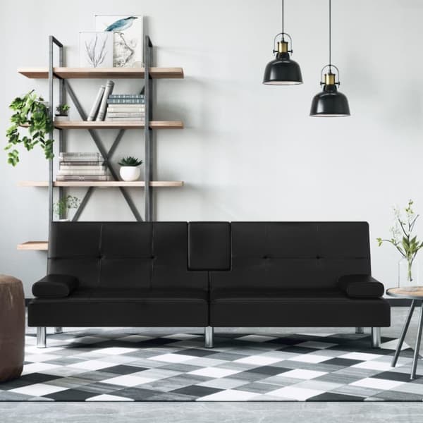 Bäddsoffa med mugghållare svart konstläder
