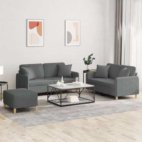 sofasæt 3 dele med puder stof mørkegrå
