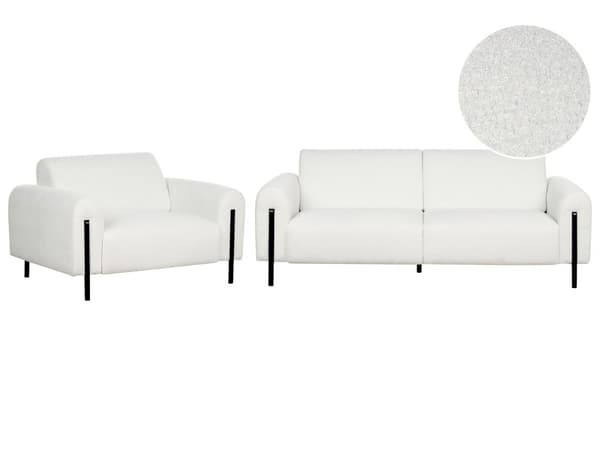 Stuesett Hvit Boucle Stoff Metallben 3 Seters Sofa Klassisk sofa Lenestol Settee Justerbar Ryggstøtte Moderne Stue