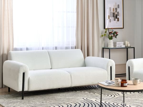 Sofa Hvit Boucle Stoff Metallben 3 Seter Klassisk Sofa Settee Justerbar ryggstøtte Stue Moderne