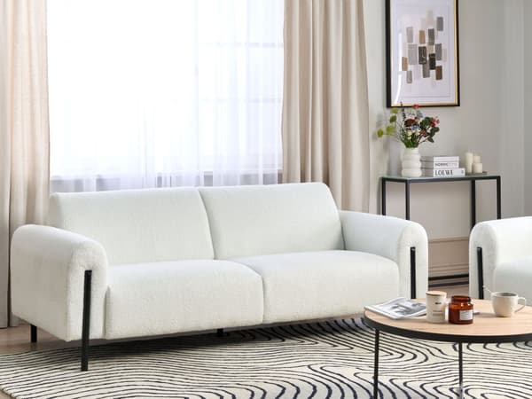 Sofa Hvit Boucle Stoff Metallben 3 Seter Klassisk Sofa Settee Justerbar ryggstøtte Stue Moderne
