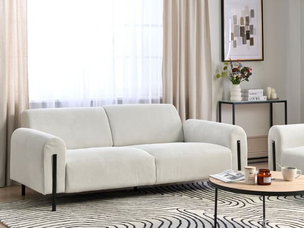 Sofa Hvit Kordfløyel Stoff Metallben 3 Seter Klassisk Sofa Settee Justerbar Ryggstøtte Stue Moderne