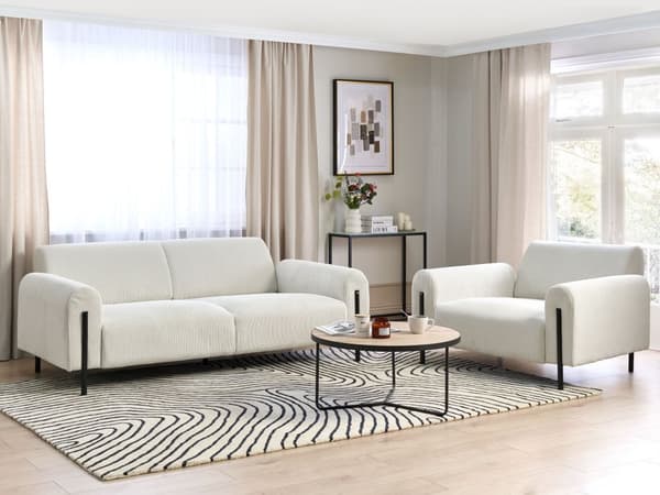 Stuesett Hvit Kordfløyel Stoff Metallben 3 Seters Sofa Klassisk sofa Lenestol Settee Justerbar Ryggstøtte Moderne Stue