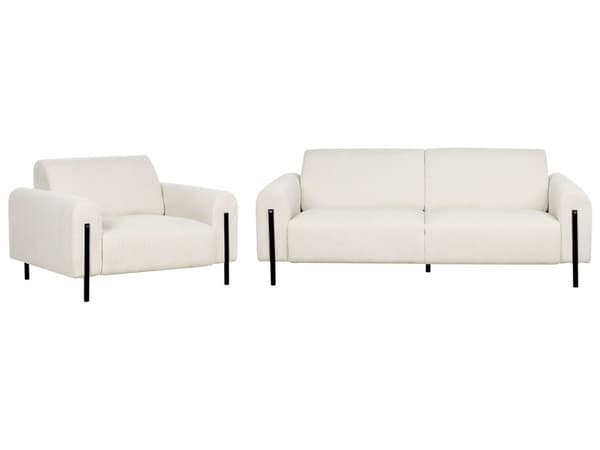 Stuesett Hvit Kordfløyel Stoff Metallben 3 Seters Sofa Klassisk sofa Lenestol Settee Justerbar Ryggstøtte Moderne Stue