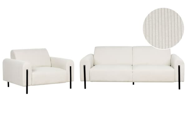 Stuesett Hvit Kordfløyel Stoff Metallben 3 Seters Sofa Klassisk sofa Lenestol Settee Justerbar Ryggstøtte Moderne Stue