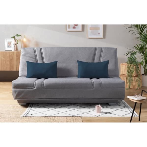 COMFORT BULTEX Click-clack bänk - 3 ställen - Grått tyg + Blå dekorativa kuddar - L193 x
