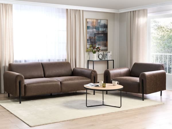 Soffa Mörkbrunt Tyg Metallben 3-sits Lädereffekt Klassisk Soffa Justerbart Ryggstöd Vardagsrum Modern