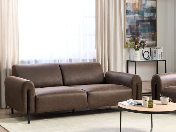 Soffa Mörkbrunt Tyg Metallben 3-sits Lädereffekt Klassisk Soffa Justerbart Ryggstöd Vardagsrum Modern